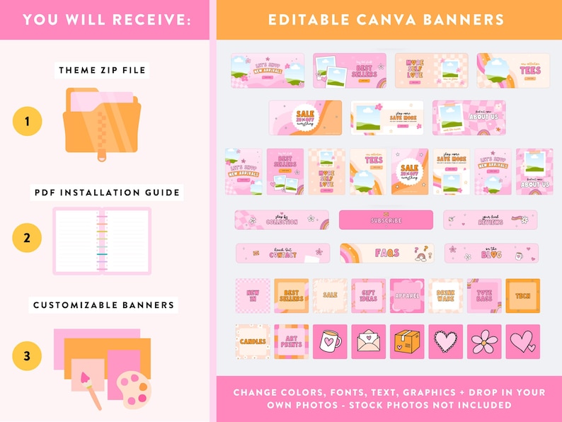 May include: Pink and orange graphic with the text "YOU WILL RECEIVE" and "EDITABLE CANVA BANNERS". Includes a theme zip file, PDF installation guide, and customizable banners. Features various banner templates in pink and orange.