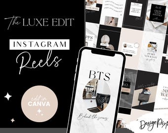 Può includere: Un modello di design grafico in bianco e nero per Instagram Reels. Il modello presenta una griglia di 9 quadrati con diversi testi e immagini. Il testo include "The Luxe Edit", "Instagram Reels", "BTS", "Behind the scenes", "Start your day", "Grow your socials", "3 Ways to Make Waves", "What's in my bag", "ICED Coffee" e "Design Pixie".