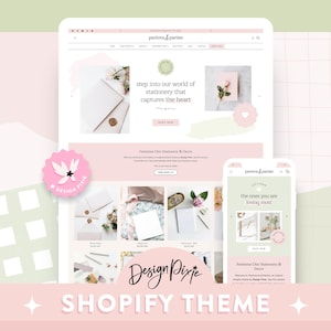 May include: A website design mockup featuring a desktop and mobile view. The website showcases stationery and decor with a soft pink and green color palette. The text includes "pavlova & parties", "Design Pixie", and "Shopify Theme".