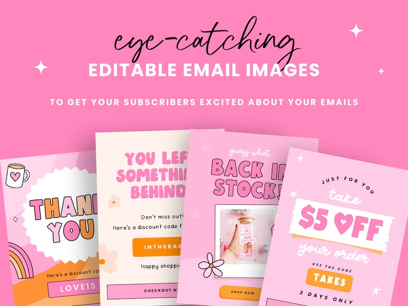 Op de afbeelding: Vier roze en witte ge&iuml;llustreerde e-mailtemplates met tekst die luidt "Bedankt", "Je hebt iets achtergelaten", "Raad eens, weer op voorraad!" en "Speciaal voor jou, krijg &euro; 5 korting op je bestelling".