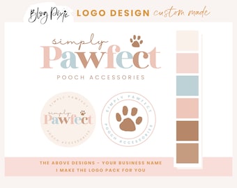 May include: A logo design concept for "Pawfect Pooch Accessories" featuring the brand name in a stylish font with a paw print icon. The design includes a color palette and two logo variations. Text on the image reads "Logo Design custom made".