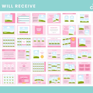 May include: A set of 36 pink and green Canva templates for social media marketing. The templates feature a landscape scene with a blue sky, white clouds, and green grass. The templates are designed to be used for product promotion, advertising, and branding.