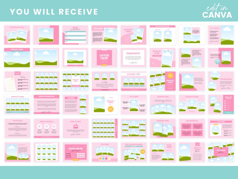 May include: A set of 36 pink and green Canva templates for social media marketing. The templates feature a landscape scene with a blue sky, white clouds, and green grass. The templates are designed to be used for product promotion, advertising, and branding.