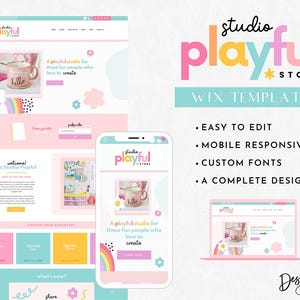 May include: A Wix website template for a craft store called Studio Playful. The template features a colorful design with a rainbow, flowers, and polka dots. The text "Studio Playful" is in a playful font with a star. The template is easy to edit, mobile responsive, and includes custom fonts.
