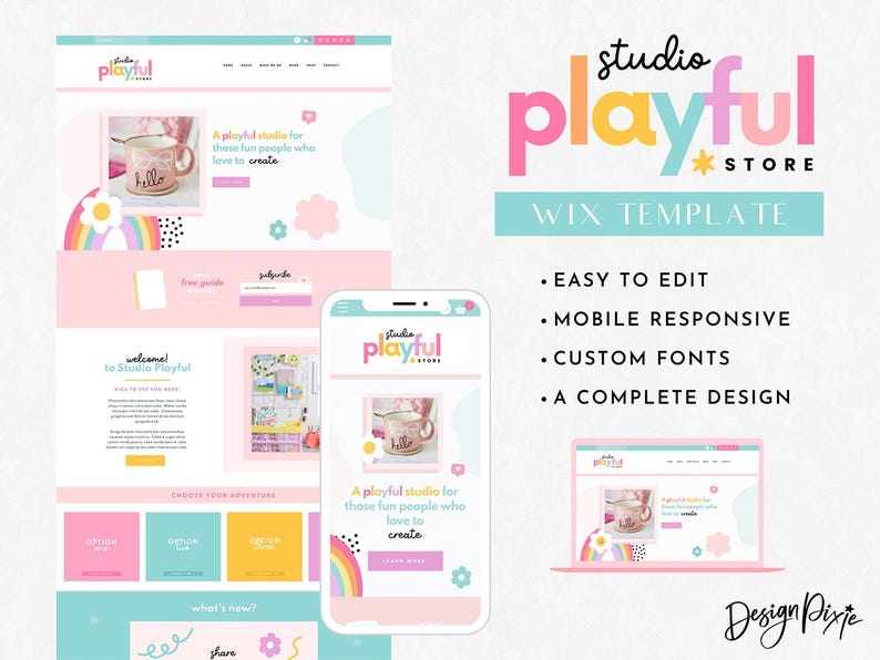 May include: A Wix website template for a craft store called Studio Playful. The template features a colorful design with a rainbow, flowers, and polka dots. The text "Studio Playful" is in a playful font with a star. The template is easy to edit, mobile responsive, and includes custom fonts.
