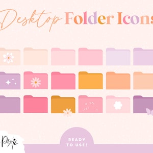 May include: A set of 12 colorful folder icons with various cute illustrations, including flowers, stars, butterflies, and clouds. The icons are labeled "Desktop Folder Icons" and "Ready to Use!"