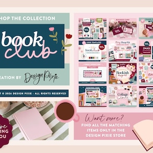 May include: A digital marketing template collection titled Book Club by Design Pixie, featuring various branding assets like business cards, logo templates, email signatures, and social media graphics in a pink, teal, and dark blue color palette.