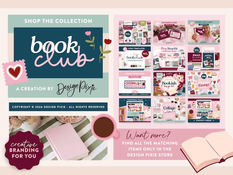 May include: A digital marketing template collection titled Book Club by Design Pixie, featuring various branding assets like business cards, logo templates, email signatures, and social media graphics in a pink, teal, and dark blue color palette.