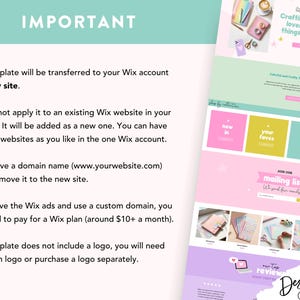 May include: A text-based image with instructions on how to use a Wix website template. The text explains that the template will be transferred to a new Wix account and that a domain name can be moved to the new site. The text also explains that to remove Wix ads and use a custom domain, a Wix plan is required. The text also states that the template does not include a logo and that a logo will need to be purchased separately.
