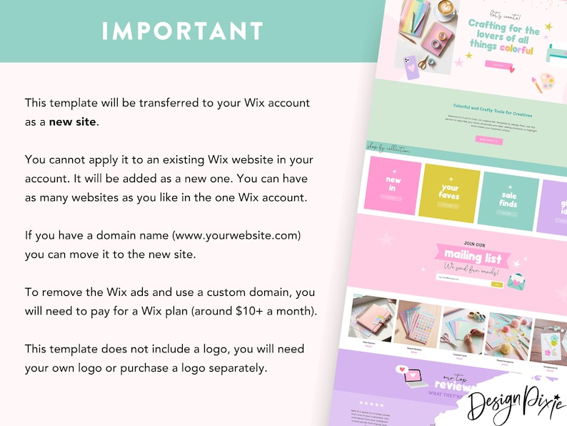 May include: A text-based image with instructions on how to use a Wix website template. The text explains that the template will be transferred to a new Wix account and that a domain name can be moved to the new site. The text also explains that to remove Wix ads and use a custom domain, a Wix plan is required. The text also states that the template does not include a logo and that a logo will need to be purchased separately.