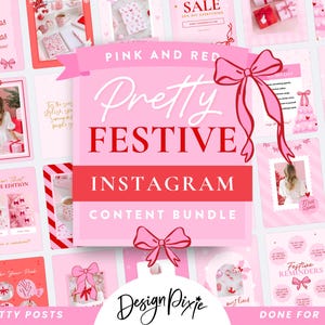 Pink Christmas Instagram Templates - Canva Girly Coquette Holiday Posts- Pretty Red Bows Aesthetic - Valentine's Day - CH01 Design Pixie
