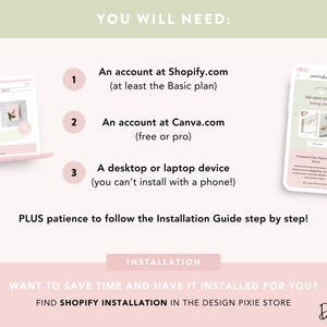 May include: A graphic with text listing requirements for a Shopify installation guide. It includes a laptop, phone, and text that says "An account at Shopify.com", "An account at Canva.com", and "A desktop or laptop device".