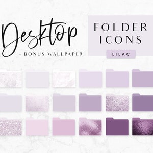 May include: Lilac folder icons for desktop organization. Includes 12 different designs with glitter, textured, and solid colors.