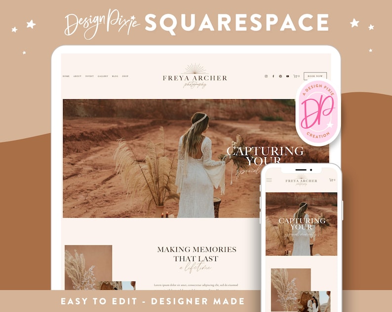 Op de afbeelding: Een website-mockup voor een fotografiebedrijf genaamd Freya Archer Photography. De website is minimalistisch ontworpen met een lichte achtergrond en een bruin en wit kleurenschema. De website bevat een grote afbeelding van een vrouw in een witte jurk die in een woestijnlandschap staat. De tekst "Capturing Your" wordt in een groot lettertype op de website weergegeven. De website bevat ook een call-to-action-knop met de tekst "Boek nu".