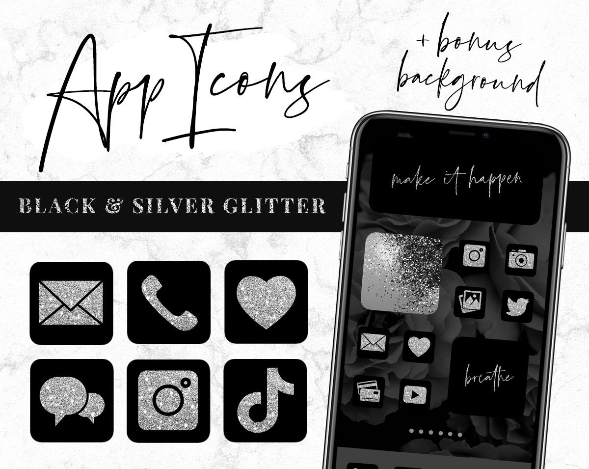 App Icons Ios 14 Black Silver Glitter App Covers Ios 14 Etsy
