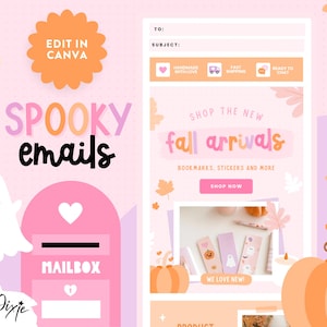 May include: A digital graphic in pink and orange tones, promoting "SPOOKY emails" and editable in Canva. It features a ghost, mailbox, and autumn elements like pumpkins and leaves. The graphic advertises bookmarks, stickers, and other items.