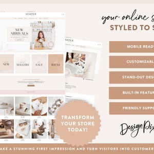 Peut inclure: Maquette de conception de site web avec le texte "HARPER" en haut. La conception comprend des sections pour les nouveaut&eacute;s, les nouveaux produits, les meilleures ventes, les soldes et les id&eacute;es. Le texte "your online store STYLED TO SELL!" est &eacute;galement visible.