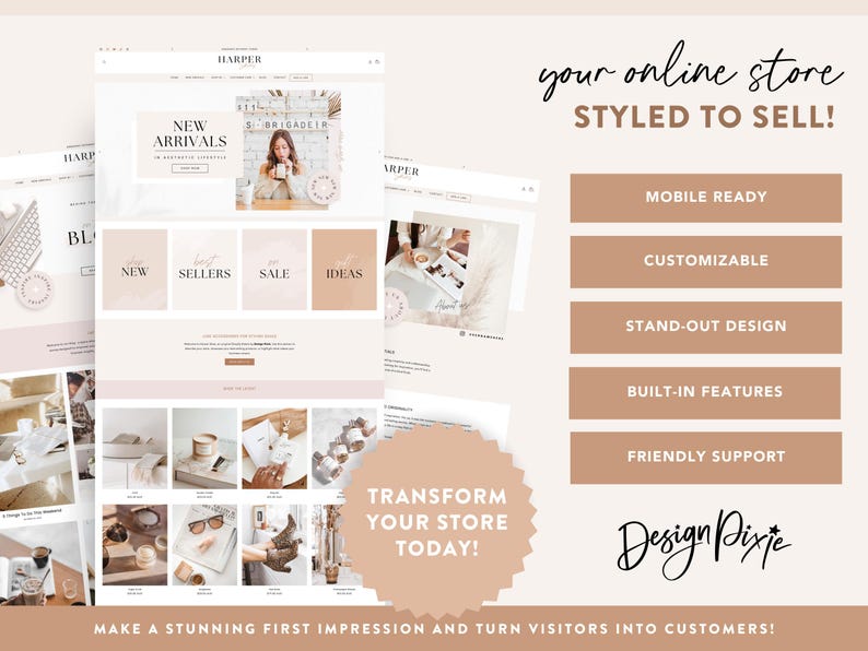 Peut inclure: Maquette de conception de site web avec le texte "HARPER" en haut. La conception comprend des sections pour les nouveaut&eacute;s, les nouveaux produits, les meilleures ventes, les soldes et les id&eacute;es. Le texte "your online store STYLED TO SELL!" est &eacute;galement visible.