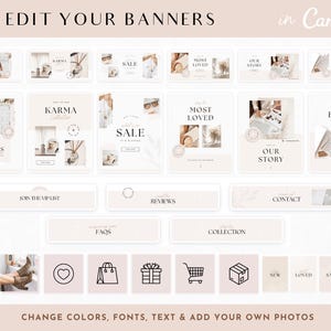 May include: A collection of social media banner templates for a business. The banners feature a neutral color palette with beige, white, and brown tones. The banners include text such as "New Arrivals", "Sale", "Most Loved", "Our Story", "Blog", "Join the VIP List", "FAQs", "Reviews", "Collection", and "Contact".