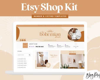 May include: A laptop screen displaying a mockup of an Etsy shop banner and listing templates. The banner features a brown and beige colour scheme with a logo that says "the bohemian dream". The listing templates feature a similar colour scheme and include a title, description, and image placeholder.