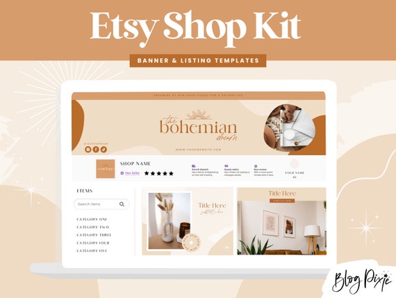 Etsy Shop Banners Boho - Etsy Banner Kit - Canva Templates - Etsy Store Listing Design - Etsy Success - Bohemian Branding - Blog Pixie