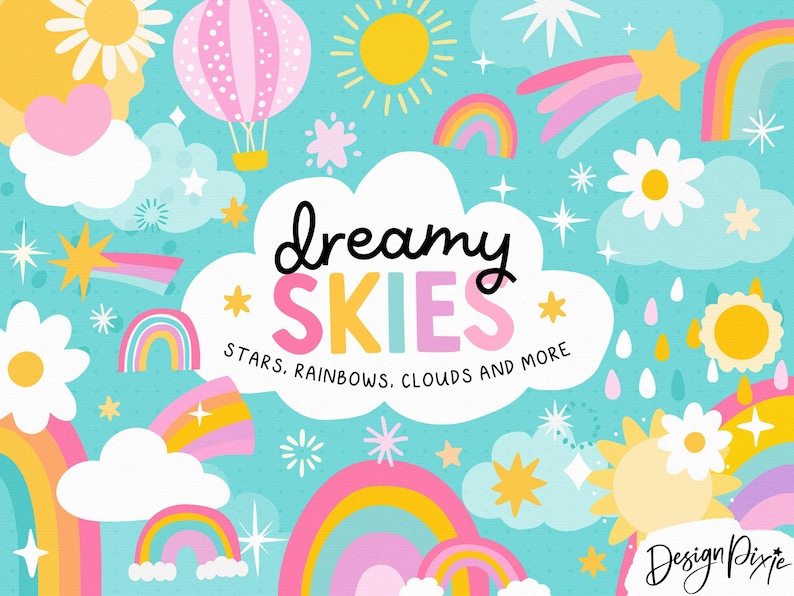 cute svg graphics with rainbows, clouds, sun, shooting star and other stars