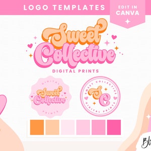 Editable logo design for Canva in a retro font with hot pink and orange colors, hearts and stars. The bold retro font has swirls and shadow for fun small business branding.