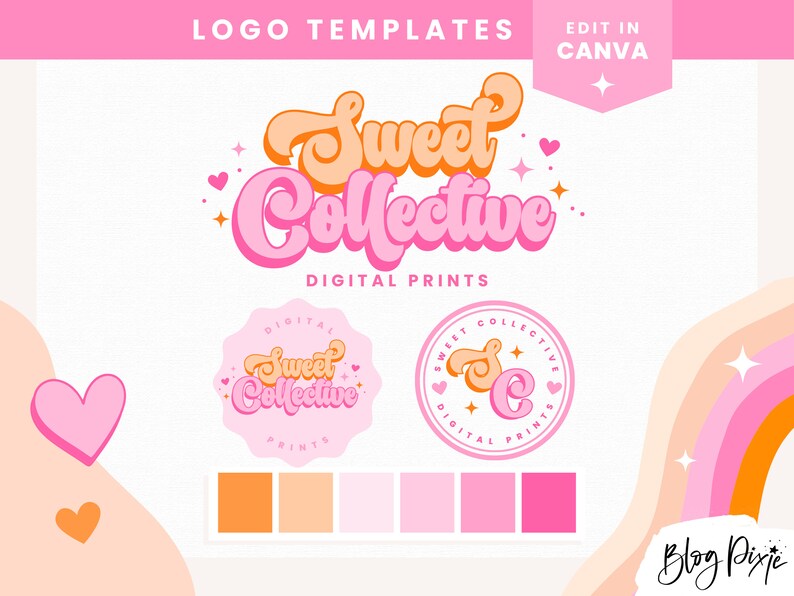 Editable logo design for Canva in a retro font with hot pink and orange colors, hearts and stars. The bold retro font has swirls and shadow for fun small business branding.