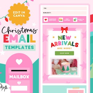 Puede incluir: Un diseño de plantilla de correo electrónico navideño rosa y verde con el texto "Christmas EMAIL TEMPLATES". El diseño incluye un gráfico de buzón, estrellas y las palabras "NEW ARRIVALS ARE HERE!" con un botón "SHOP NOW".