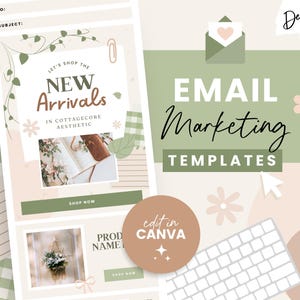 Könnte beinhalten: E-Mail-Marketing-Vorlagen im Cottagecore-Stil mit grünen und rosa floralen Illustrationen. Der Text "Let's shop the new arrivals in cottagecore aesthetic" ist im Bild zu sehen. Der Text "Edit in Canva" ist ebenfalls im Bild zu sehen.