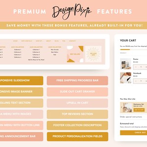 May include: A screenshot of an online store's website showing a list of premium features, including responsive slideshow, free shipping progress bar, responsive image banner, slide out cart drawer, scrolling text section, upsell in cart, mega menu with images, top reviews section, navigation menu with button link, footer collection description, rotating announcement bar, and product personalization fields. The website also shows a shopping cart with items and a checkout button.