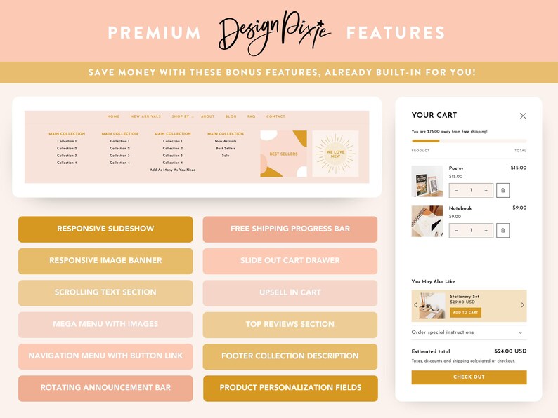 May include: A screenshot of an online store's website showing a list of premium features, including responsive slideshow, free shipping progress bar, responsive image banner, slide out cart drawer, scrolling text section, upsell in cart, mega menu with images, top reviews section, navigation menu with button link, footer collection description, rotating announcement bar, and product personalization fields. The website also shows a shopping cart with items and a checkout button.