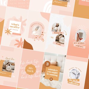 May include: A collage of Instagram story templates with a peach and brown color scheme. The templates feature text such as "What's on offer", "Monthly Favorites", "Instagram vs Reality", "New Products You'll Love", "Life Hack", "3 Mistakes You Might Be Making", "Ready to Shop", "The New Collection", and "6 Ways to Make Your Soul Happy".