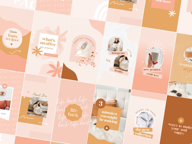 May include: A collage of Instagram story templates with a peach and brown color scheme. The templates feature text such as "What's on offer", "Monthly Favorites", "Instagram vs Reality", "New Products You'll Love", "Life Hack", "3 Mistakes You Might Be Making", "Ready to Shop", "The New Collection", and "6 Ways to Make Your Soul Happy".