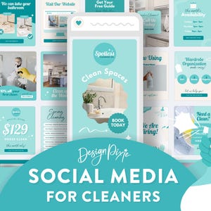 May include: A collage of social media posts for cleaning services. The posts feature images of clean bathrooms, kitchens, and other spaces. The text on the posts includes phrases like "Clean Spaces", "Spring Cleaning", and "Book Today".
