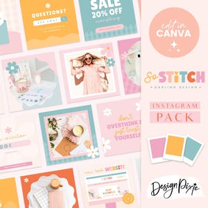 Peut inclure: Un ensemble de 12 modèles de publication Instagram avec un schéma de couleurs rose et bleu. Les modèles présentent des illustrations florales, des superpositions de texte et des images de style de vie. Le texte sur les modèles comprend "So Stitch", "Darling Design", "Instagram Pack", "Ne réfléchissez pas trop, faites confiance à vous-même", "Nouvelle collection", "Bonnes choses", "Site Web", "Des questions ?", "Demandez", "Soldes -20 % sur tout", "Modifier dans Canva" et "Design Pixie".