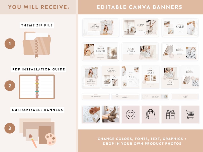 Peut inclure: Graphique beige avec le texte &laquo;&nbsp;YOU WILL RECEIVE&nbsp;&raquo; et &laquo;&nbsp;EDITABLE CANVA BANNERS&nbsp;&raquo;. L'image montre un fichier zip de th&egrave;me, un guide d'installation PDF et des banni&egrave;res personnalisables. Il y a aussi des exemples de banni&egrave;res avec les mots &laquo;&nbsp;New Arrivals&nbsp;&raquo;, &laquo;&nbsp;Most Loved&nbsp;&raquo;, &laquo;&nbsp;Our Story&nbsp;&raquo;, &laquo;&nbsp;Karma&nbsp;&raquo;, &laquo;&nbsp;Sale&nbsp;&raquo; et &laquo;&nbsp;Blog&nbsp;&raquo;.