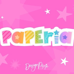 May include: A graphic design featuring the word Paperia in a colorful, multi-patterned, bubble-style font with a white outline. The letters include stripes, waves, and star shapes. The background is bright pink with various white star icons.