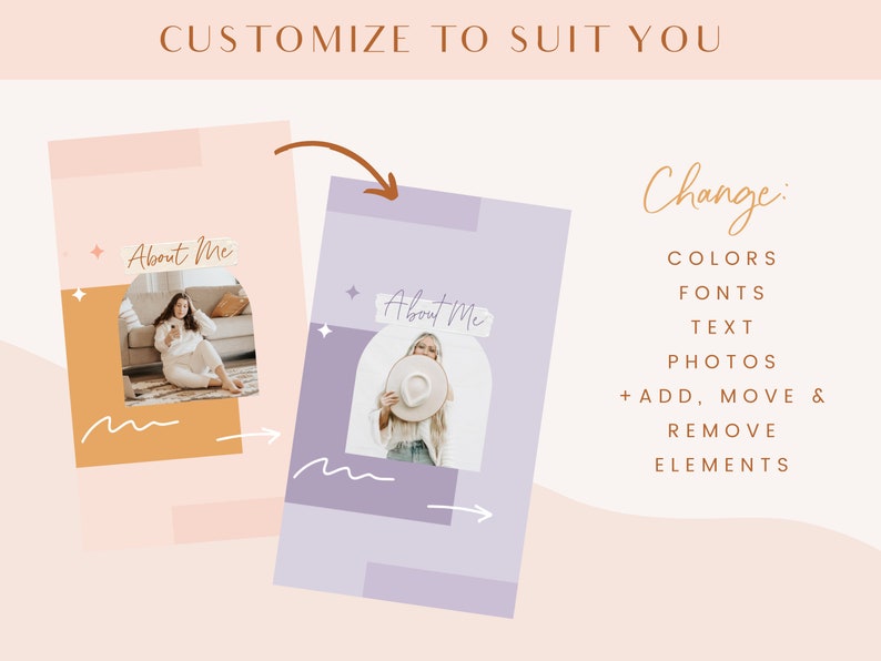 May include: Two customizable social media templates with a light pink and purple background. The templates feature a photo of a person and the text "About Me". The text "Change: COLORS, FONTS, TEXT, PHOTOS + ADD, MOVE & REMOVE ELEMENTS" is also included.