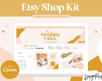 May include: A digital Etsy Shop Kit template in a warm colour palette. The design includes banner and listing templates, with the text "Etsy Shop Kit" and "The Sunshine Vibes". The design is editable in Canva.