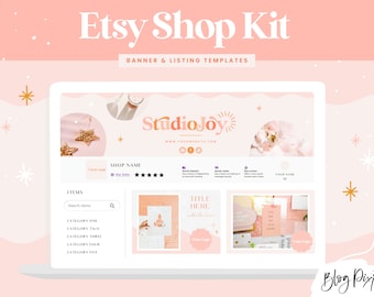 Puede incluir: Una plantilla de banner de tienda Etsy rosa y dorada con el texto "StudioJoy" y "www.yourwebsite.com". El banner también incluye un nombre de tienda, una calificación de estrellas y una sección para listar artículos. La plantilla está diseñada para usarse en una pantalla de computadora.