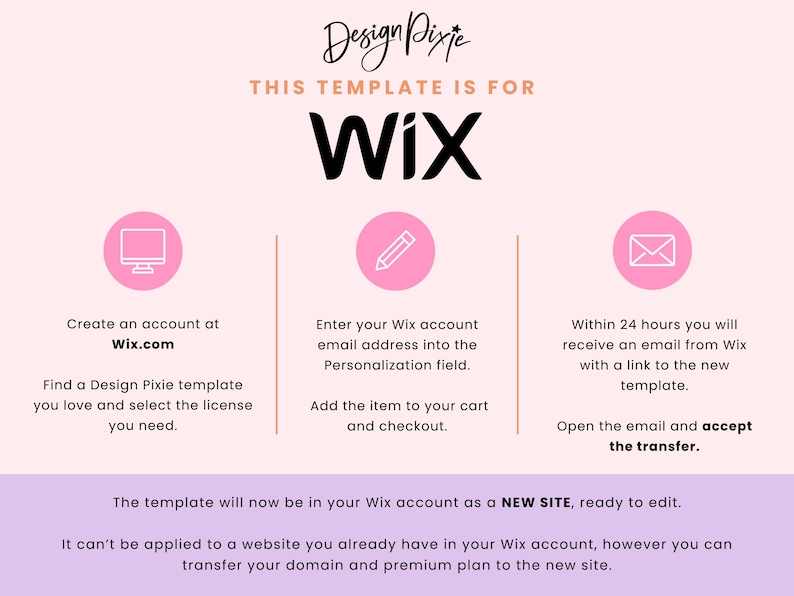 Pode incluir: Gr&aacute;fico rosa e branco com instru&ccedil;&otilde;es sobre como usar um modelo de site Wix. O gr&aacute;fico inclui &iacute;cones de um computador, um l&aacute;pis e um envelope. O texto diz "Este modelo &eacute; para Wix. Crie uma conta em Wix.com. Encontre um modelo Design Pixie que voc&ecirc; goste e selecione a licen&ccedil;a de que precisa. Insira o endere&ccedil;o de e-mail da sua conta Wix no campo de personaliza&ccedil;&atilde;o. Adicione o item ao seu carrinho e prossiga com a compra. Dentro de 24 horas, voc&ecirc; receber&aacute; um e-mail do Wix com um link para o novo modelo. Abra o e-mail e aceite a transfer&ecirc;ncia. O modelo agora estar&aacute; na sua conta Wix como um NOVO SITE, pronto para editar. N&atilde;o pode ser aplicado a um site que voc&ecirc; j&aacute; tenha na sua conta Wix, no entanto, voc&ecirc; pode transferir seu dom&iacute;nio e plano premium para o novo site."