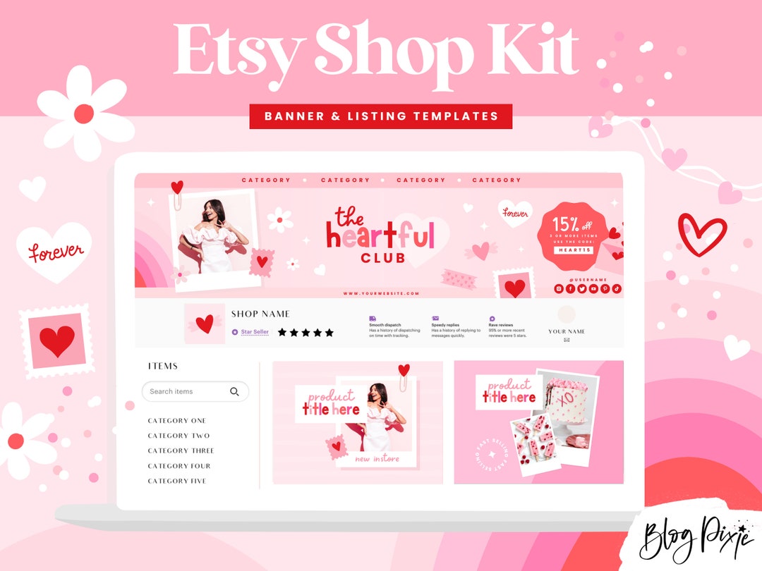 Etsy Shop Banner Templates Canva - Pink Red Etsy Shop Kit - Heart ...