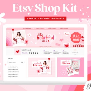 Peut inclure: Un modèle de bannière de boutique Etsy rose et rouge avec le texte "the heartful club" et un graphique de vente à 15 %. La bannière comprend également un graphique arc-en-ciel rose et rouge et des cœurs. Le modèle est conçu pour être utilisé sur Etsy.