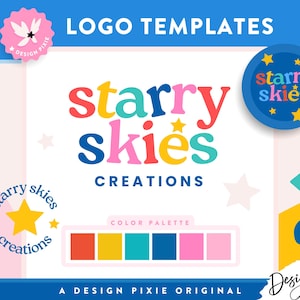 Plantilla de logotipo de cielos estrellados: logotipo divertido de colores primarios para niños, guarderías y educación. Editable en Canva. Logotipo de arcoíris. CF01 Design Pixie.