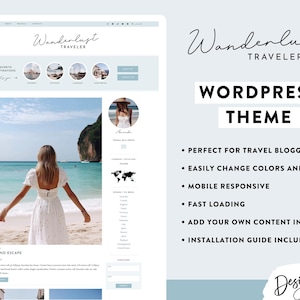 Puede incluir: Maqueta de dise&ntilde;o web con el texto "Wanderlust Traveler" y "WordPress Theme". El dise&ntilde;o presenta una foto de playa y una lista de caracter&iacute;sticas, incluida la capacidad de respuesta m&oacute;vil y la carga r&aacute;pida.