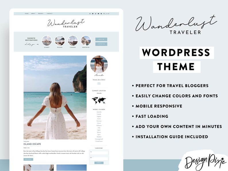 Puede incluir: Maqueta de dise&ntilde;o web con el texto "Wanderlust Traveler" y "WordPress Theme". El dise&ntilde;o presenta una foto de playa y una lista de caracter&iacute;sticas, incluida la capacidad de respuesta m&oacute;vil y la carga r&aacute;pida.