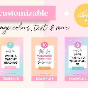 May include: Three colorful social media post templates with pastel pink, blue, and yellow gradients. The templates feature white boxes with text that reads "7 ways to write a catchy heading", "10 tools for managing your new business", and "8 ways to drive traffic to your small biz".