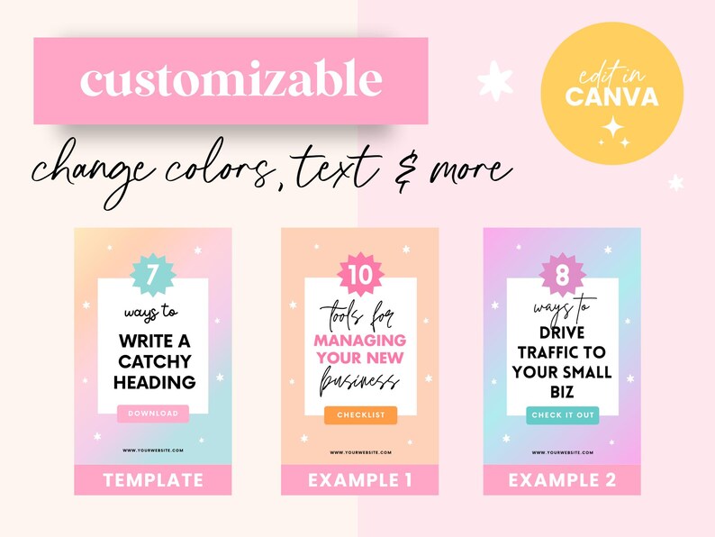 May include: Three colorful social media post templates with pastel pink, blue, and yellow gradients. The templates feature white boxes with text that reads "7 ways to write a catchy heading", "10 tools for managing your new business", and "8 ways to drive traffic to your small biz".