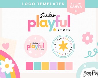 Playful Rainbow Logo Design Template Canva - Editable Logo Design - Logo Design Canva - Rainbow Logo for Small Business - PF01 - Blog Pixie